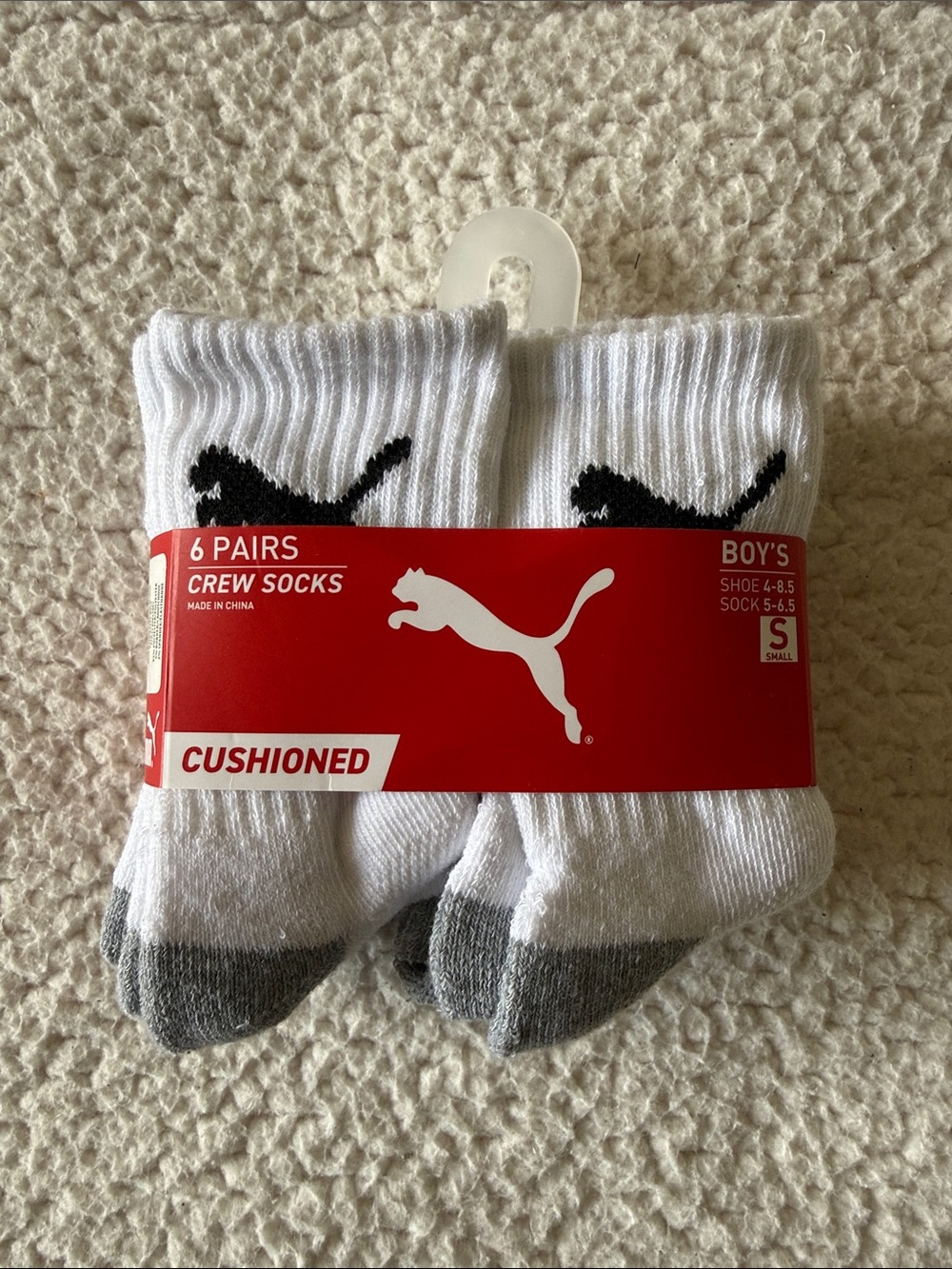 Puma White Cushioned Crew Socks with Gray Toe & Black Logo - Boys 6 Pack
